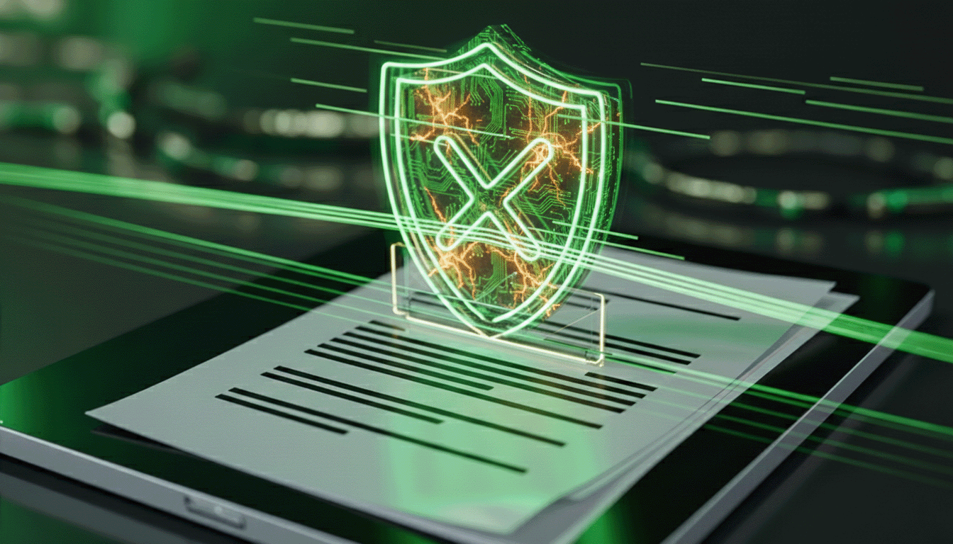 Neon green cybersecurity shield over digital document on tablet representing privacy and AI governance trust breakers.