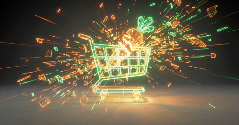A 3D conceptual illustration of an exploding carrot inside a shopping cart with neon green highlights, symbolizing the Instacart AI pricing controversy and the breakdown of consumer trust due to poor AI governance.
